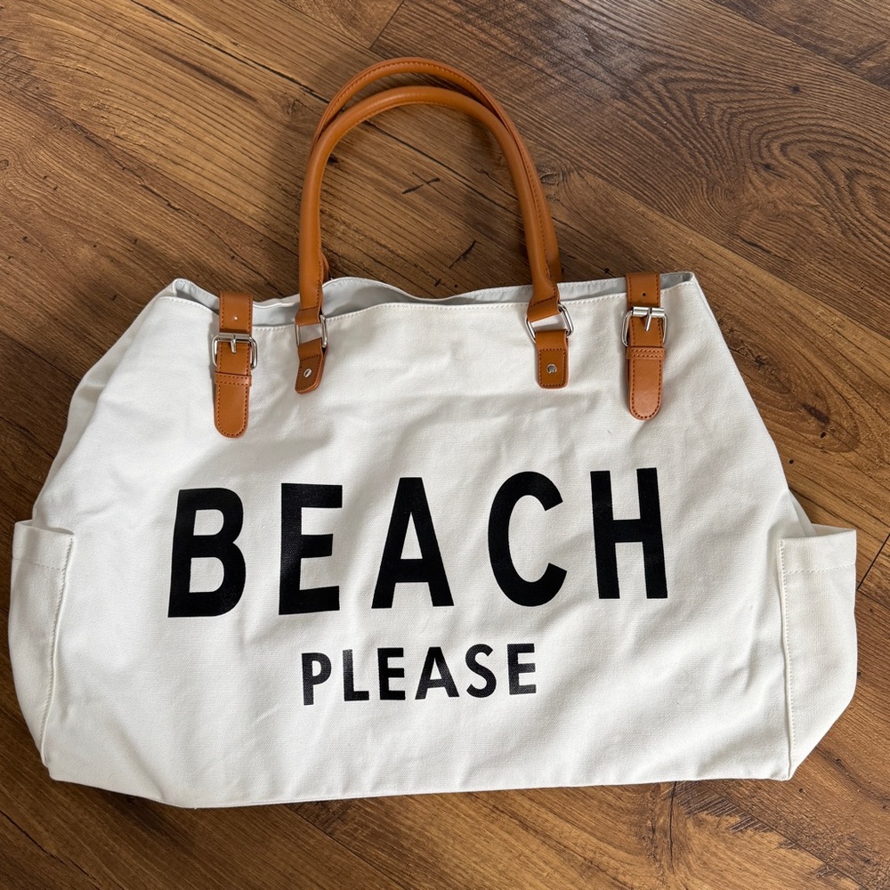 White Canvas Tote with Tan Handles